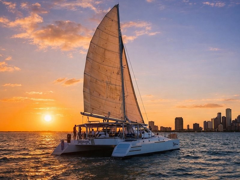 A sailing catamaran on the bay at sunset, the skyline low on the horizon