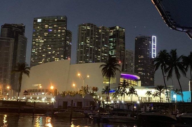 Lit apartment towers and palms along the bayfront at night